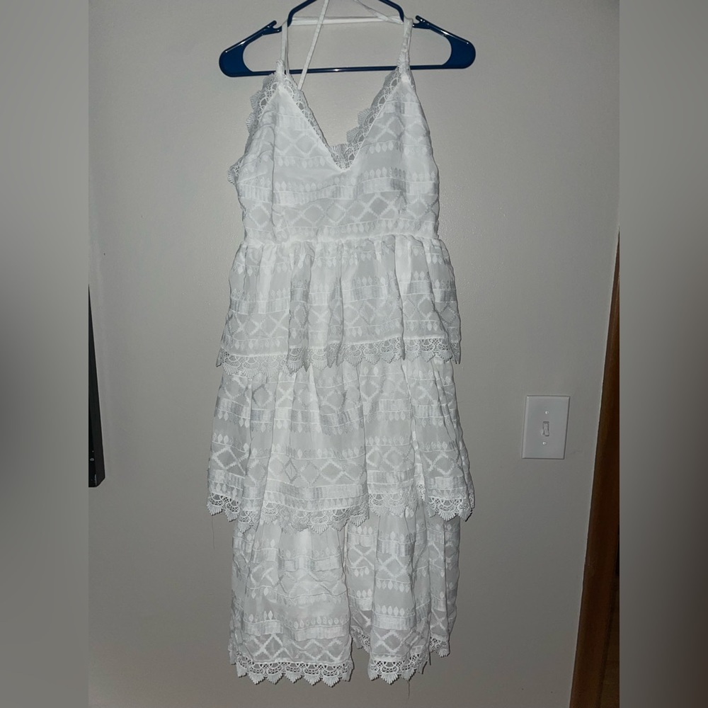 Lulus White Lace Ruffle Dress Large Criss Cross Bridal Midi Dress